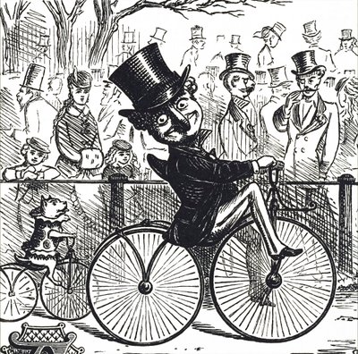 Mr Punch and Dog Toby riding boneshakers by Unbekannt