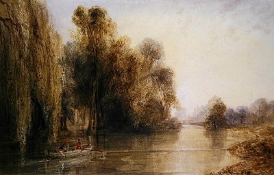 Figures Rowing on a French River by William Callow