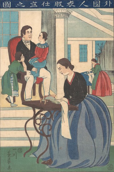 Foreign Family with Wife Making Clothes, 1860 by Yoshikazu