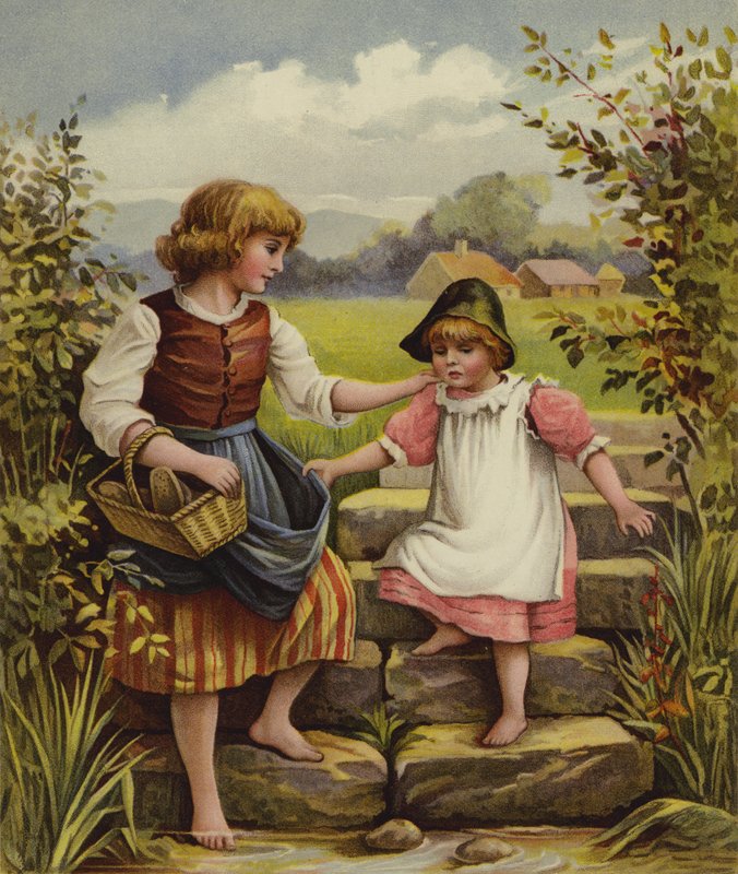A Girl Helping a Little Girl Down the Steps to a Stream by English School