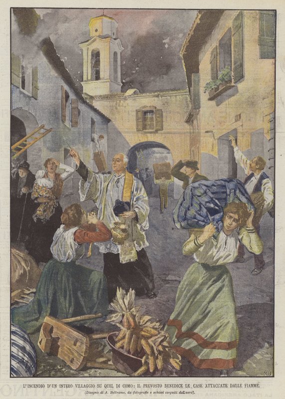 The Fire of an Entire Village in the Como Area, The Provost Blesses the Houses Attacked by Flames by Achille Beltrame