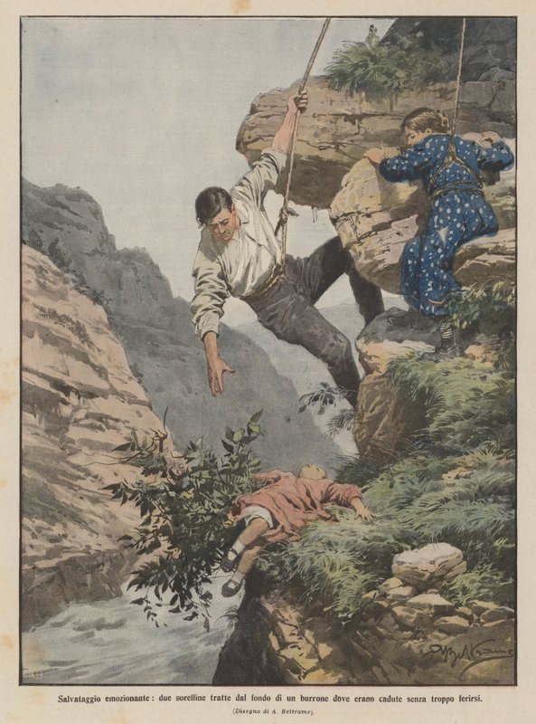 Exciting rescue, two little sisters pulled from the bottom of a ravine where they had fallen without serious injury by Achille Beltrame