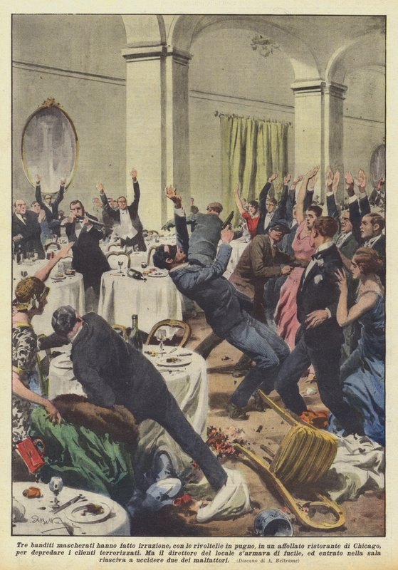 Three Masked Bandits Storm a Crowded Place with Revolvers by Achille Beltrame