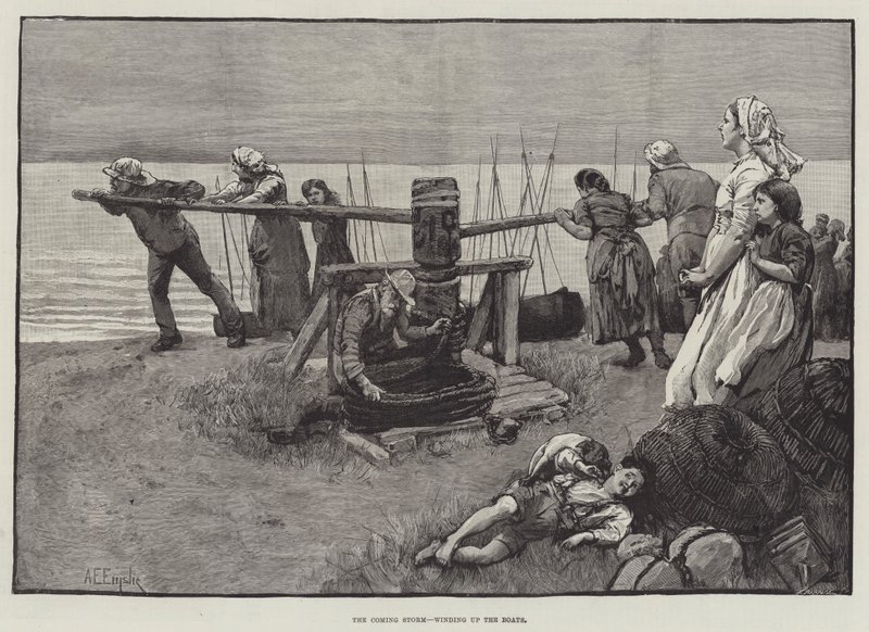 The Coming Storm, winding up the Boats by Alfred Edward Emslie