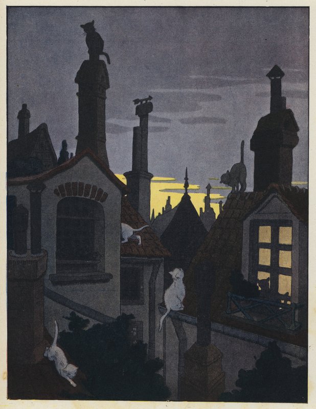 Cats on Rooftops at Night by Benjamin Rabier