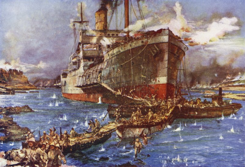 The Landing of Troops from the River Clyde at V Beach, Gallipoli Peninsula, Turkey, 25 April 1915 by Charles Edward Dixon