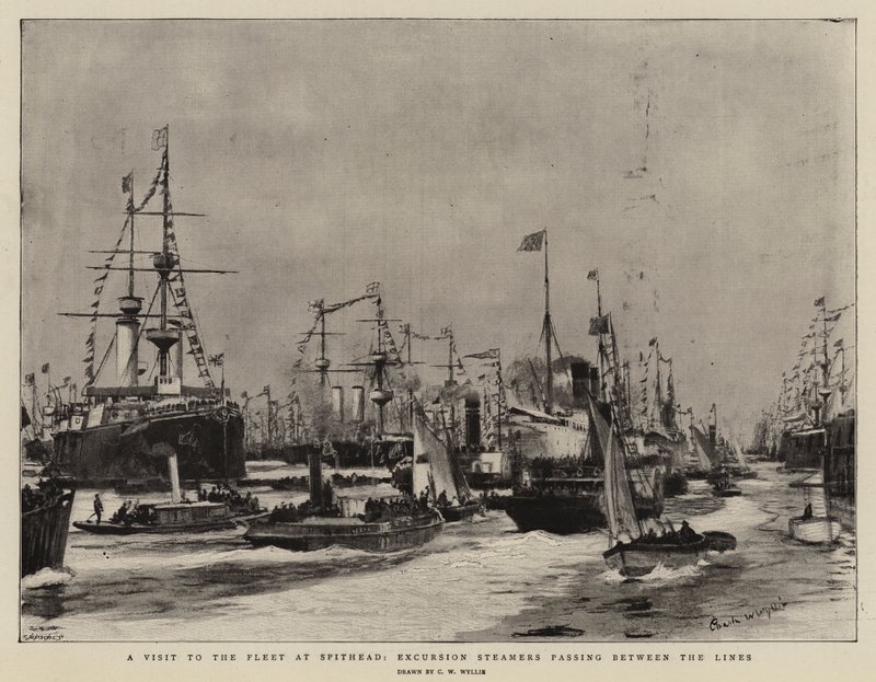 A Visit to the Fleet at Spithead, Excursion Steamers Passing Between the Lines by Charles William Wyllie