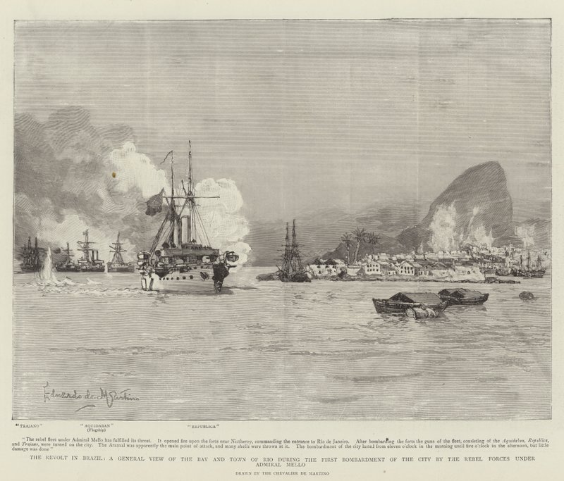 The Revolt in Brazil, a General View of the Bay and Town of Rio during the First Bombardment of the City by the Rebel Forces under Admiral Mello by Eduardo de Martino