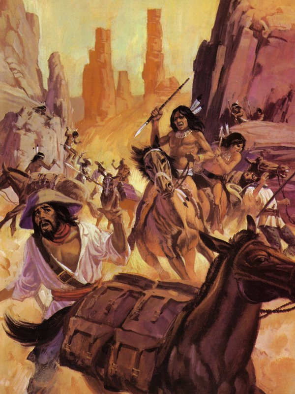 Apache Indians Attacking a Gold-Laden Mule-Train by English School