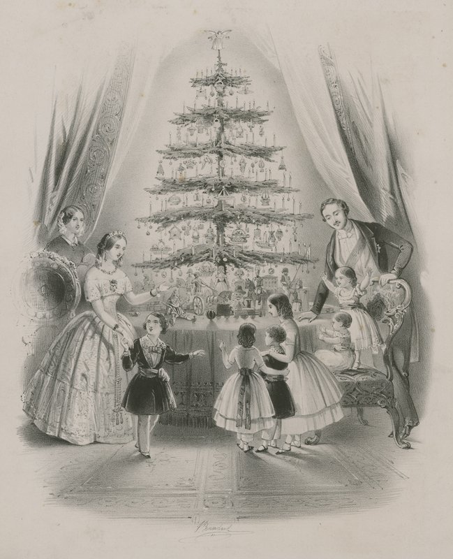 A Family Standing Around a Christmas Tree by English School