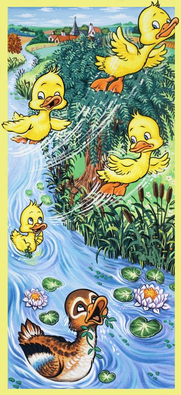 Duck and flying ducklings by English School