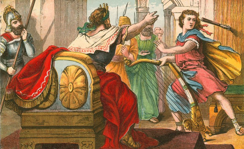 King Saul throwing a javelin at David by English School