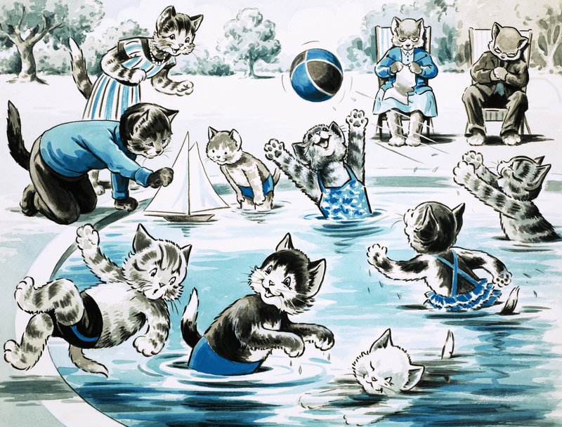 Kittens playing in a pond by English School