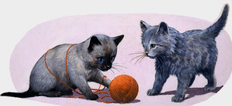 Kittens playing with a ball of wool by English School