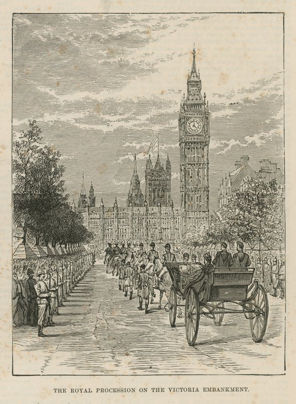 Royal procession on the Victoria Embankment by English School