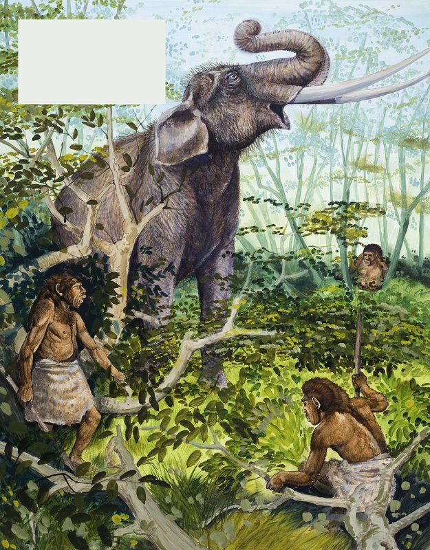 Stone Age Man and Elephant by English School