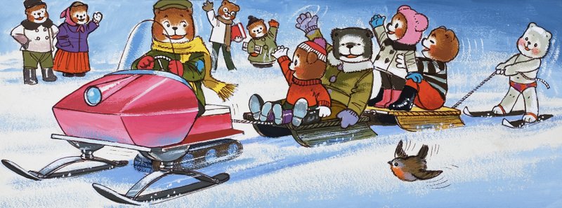 Teddies with snowmobile by English School