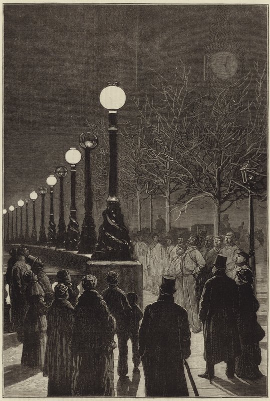 The Electric Light on the Thames Embankment by English School