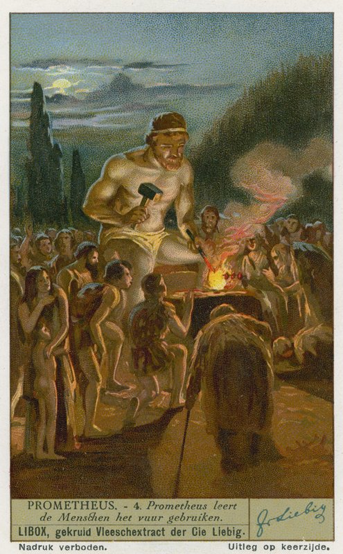 Prometheus teaching man how to use fire by European School