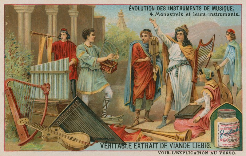 Medieval minstrels and their instruments by European School