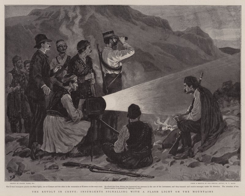 The Revolt in Crete, Insurgents Signalling with a Flash Light on the Mountain by Frank Dadd