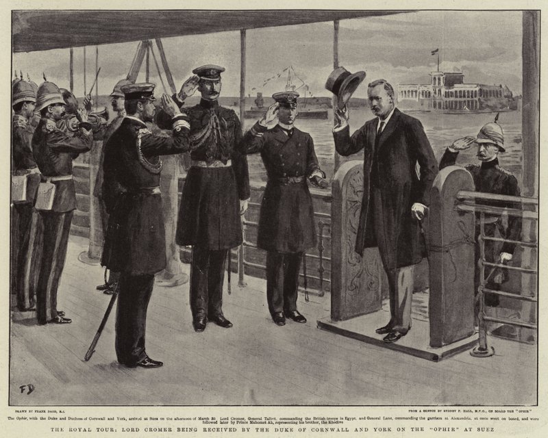 The Royal Tour, Lord Cromer being received by the Duke of Cornwall and York on the Ophir at Suez by Frank Dadd