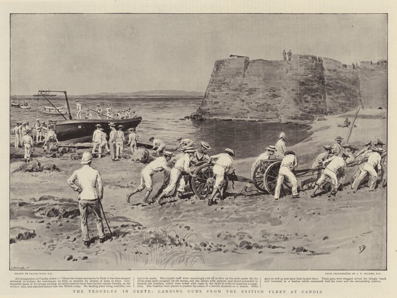 The Troubles in Crete, Landing Guns from the British Fleet at Candia by Frank Dadd