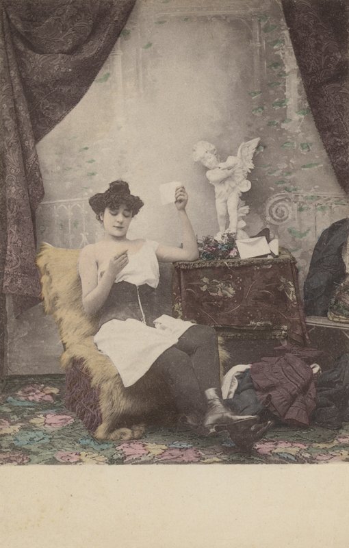 Pretty Half-Dressed Girl, Reading Letter by French Photographer