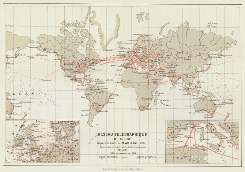 Telegraphic Network of the Globe (colour litho) by French School