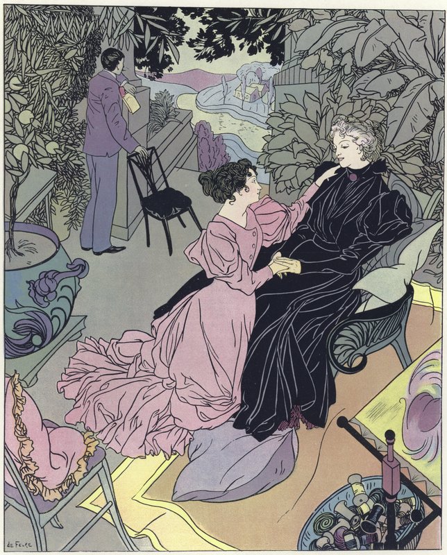 Two Women Sitting in a Conservatory by French School