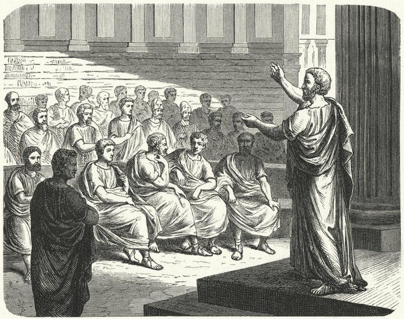 Demosthenes speaking against Philip II of Macedon by German School