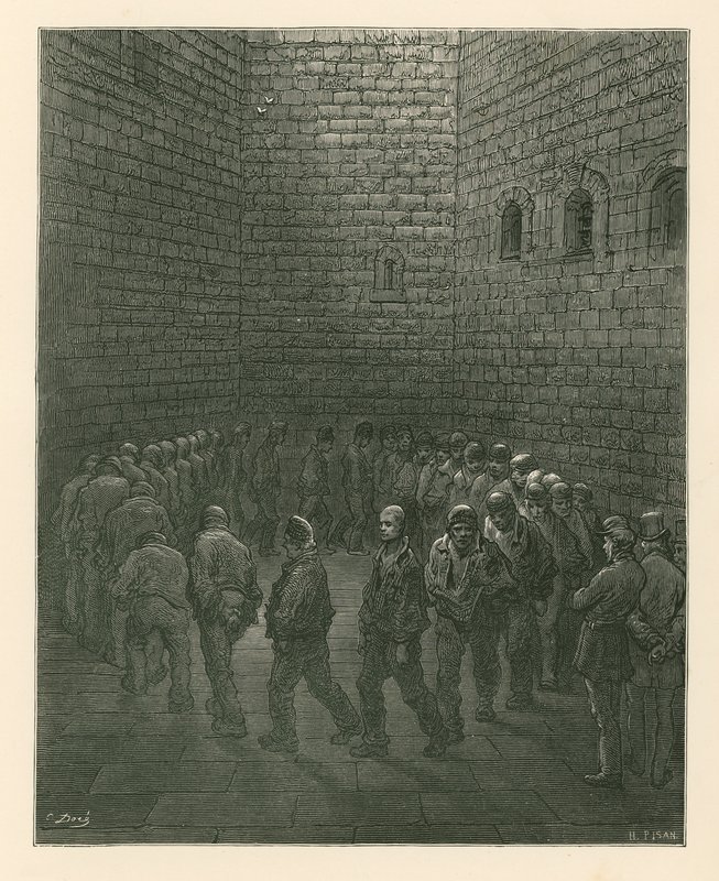 Prisoners in Newgate Prison exercise yard by Gustave Dore