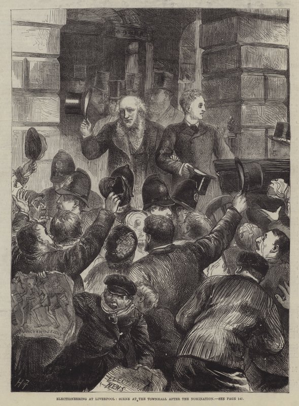 Electioneering at Liverpool, Scene at the Townhall after the Nomination by Harry Furniss