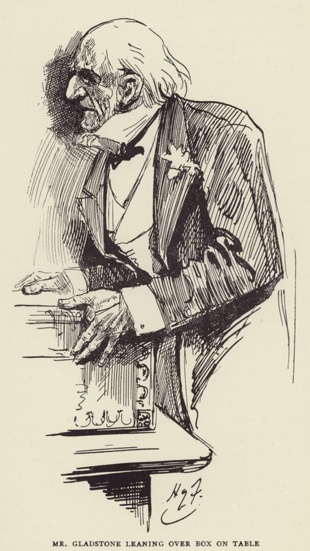 Mr Gladstone Leaning Over Box on Table by Harry Furniss