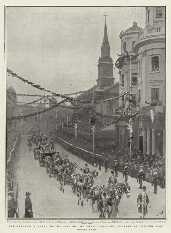 The Procession entering the Strand, the Royal Carriage arriving at Charing Cross by Henry Marriott Paget