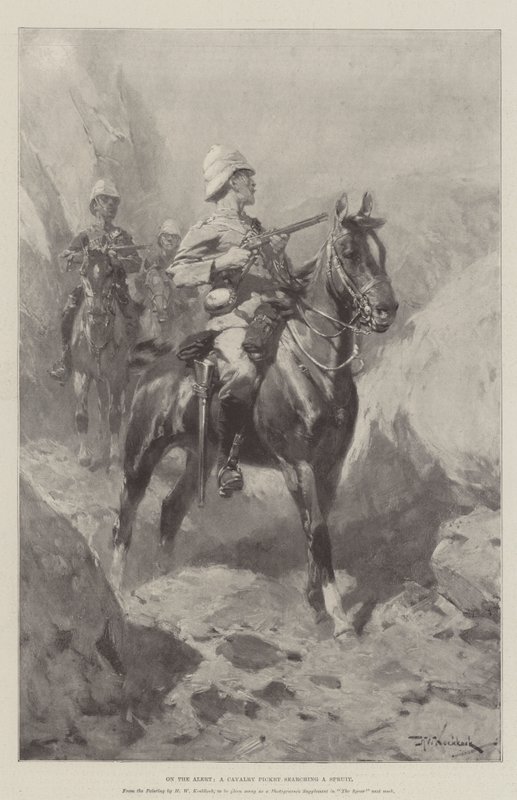 On the Alert, a Cavalry Picket searching a Spruit by Hermanus Willem Koekkoek