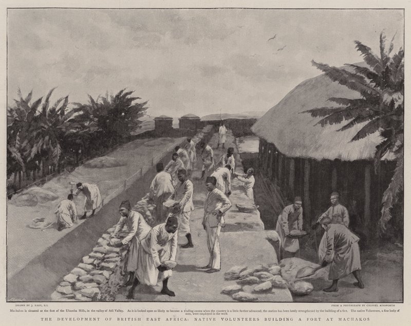 The Development of British East Africa, Native Volunteers building a Fort at Machakos by Joseph Nash