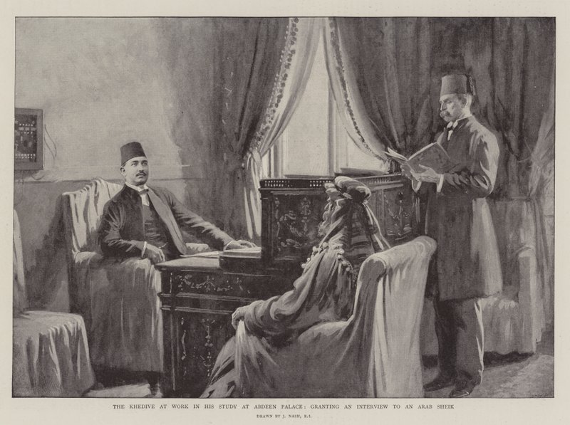 The Khedive at Work in his Study at Abdeen Palace, granting an Interview to an Arab Sheik by Joseph Nash