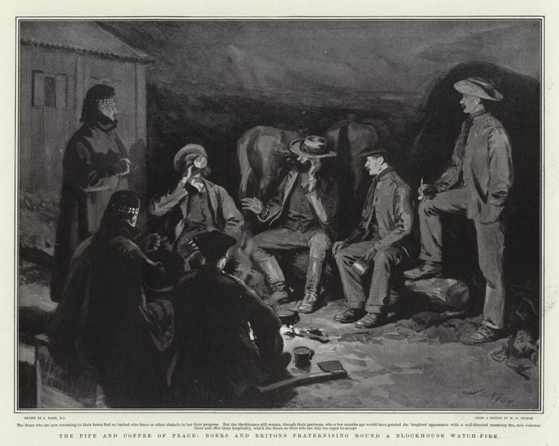 The Pipe and Coffee of Peace, Boers and Britons Fraternising Round a Blockhouse Watch-Fire by Joseph Nash