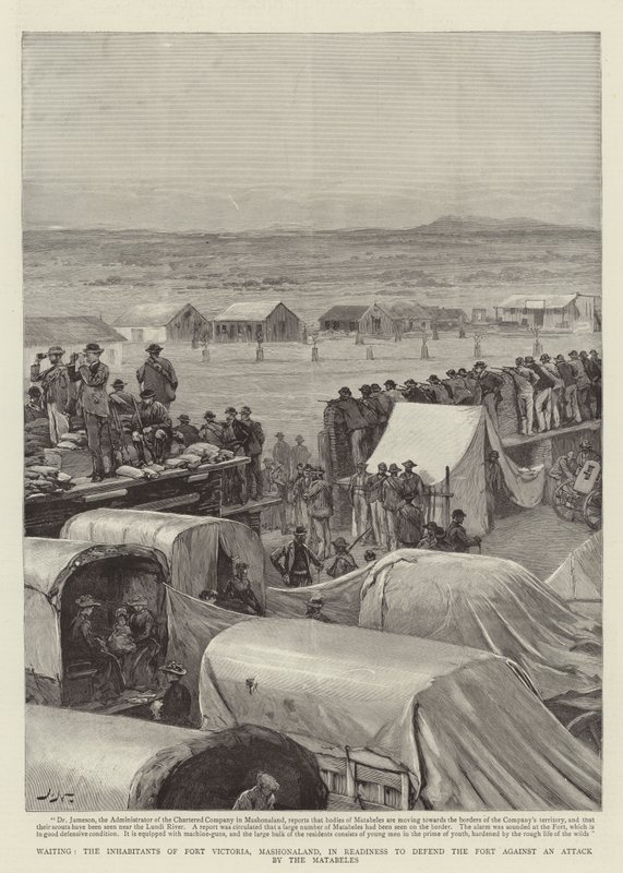 Waiting, the Inhabitants of Fort Victoria, Mashonaland, in Readiness to defend the Fort against an Attack by the Matabeles by Joseph Nash