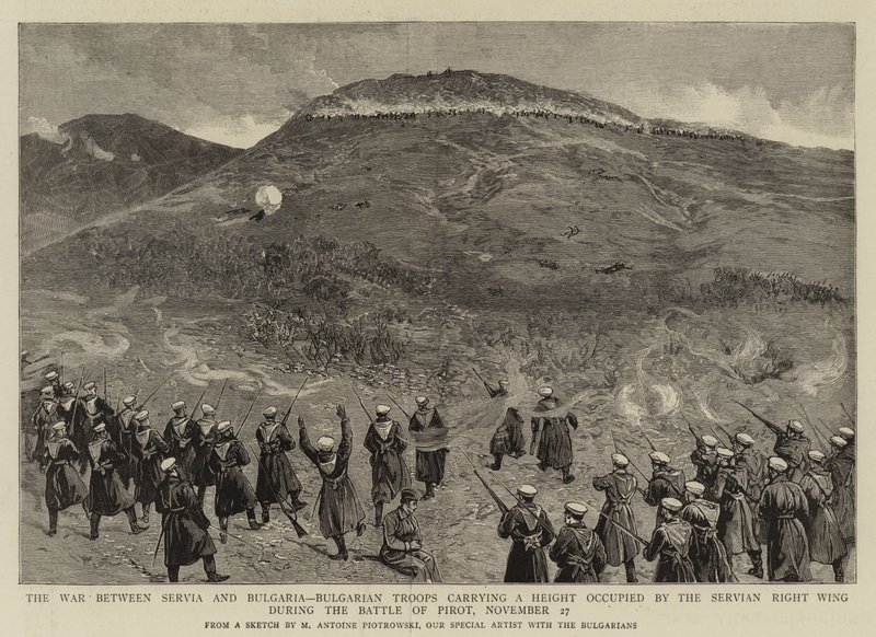 The War between Servia and Bulgaria, Bulgarian Troops Carrying a Height Occupied by the Servian Right Wing during the Battle of Pirot, 27 November by Maksymiljan Antoni Piotrowski
