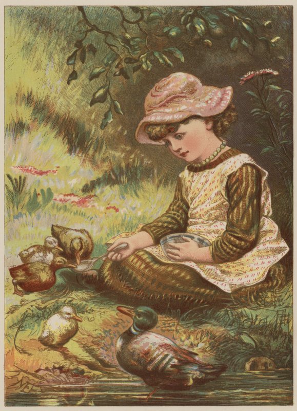 Girl feeding ducklings by Mary Ellen Edwards