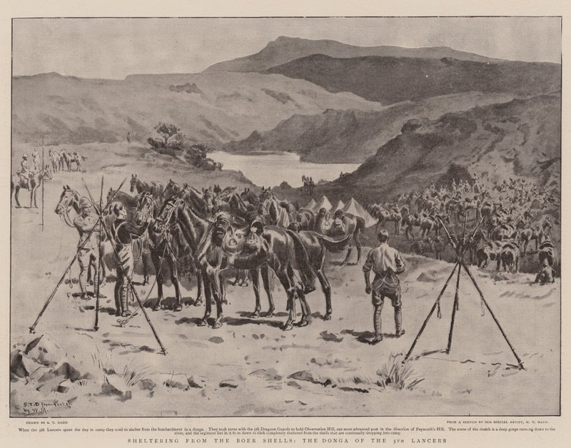 Sheltering from the Boer Shells, the Donga of the 5th Lancers by S.T. Dadd