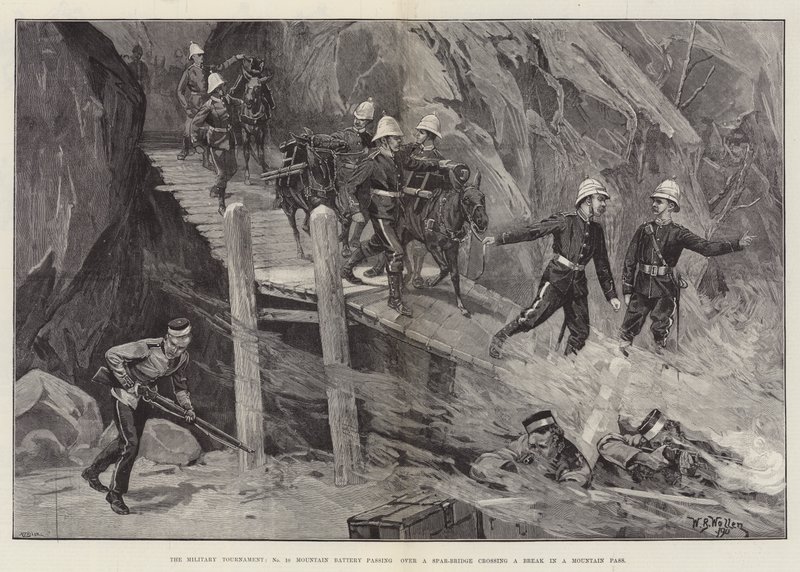 The Military Tournament, No 10 Mountain Battery passing over a Spar-Bridge crossing a Break in a Mountain Pass by William Barnes Wollen