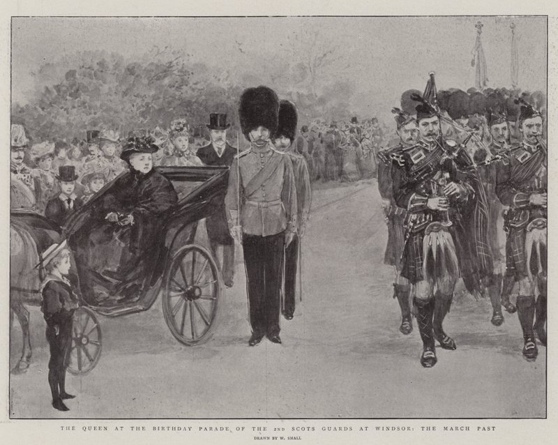 The Queen at the Birthday Parade of the 2nd Scots Guards at Windsor, the March Past by William Small