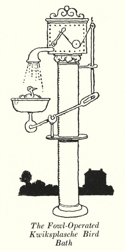The Fowl-Operated Kwiksplasche Bird Bath by William Heath Robinson