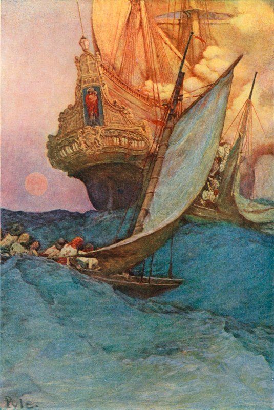 An attack on a galleon by after Howard Pyle